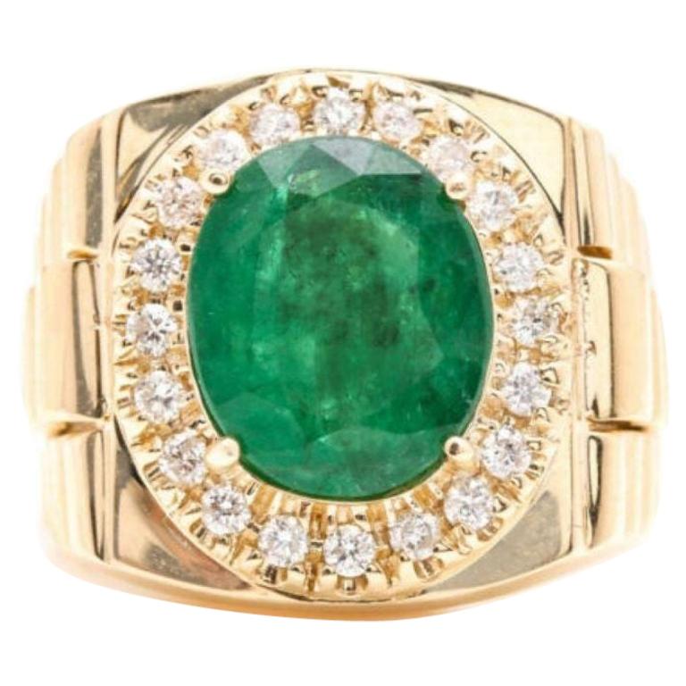 5.70 Carat Natural Emerald and Diamond 18 Karat Solid Yellow Gold Men's Ring For Sale