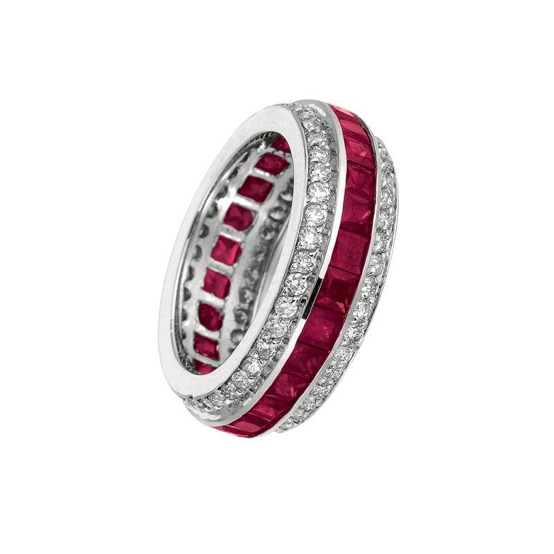 For Sale:  5.70 Carat Natural Ruby and Diamond Eternity Ring Band 14 Karat White Gold 2