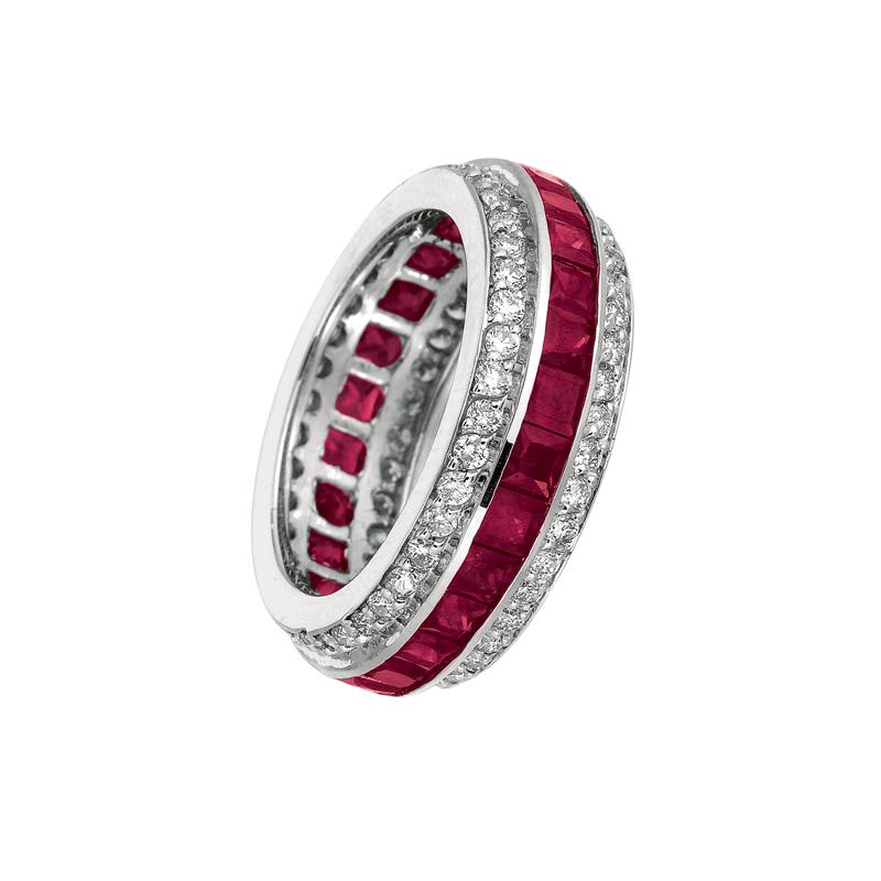5.70 Carat Natural Diamond and Ruby Eternity Ring Band G SI 14K White Gold

100% Natural Diamonds and Princess Cut Rubies
5.70CTW
G-H
SI
14K White Gold, Prong and Channel, 5.00 grams
7 mm in width
Size 7
80 diamonds - 1.28ct, 26 rubies -