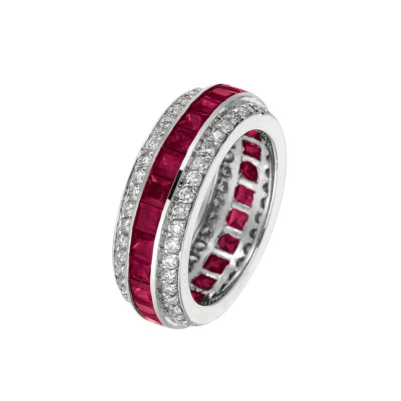 Contemporary 5.70 Carat Natural Ruby and Diamond Eternity Ring Band 14 Karat White Gold For Sale