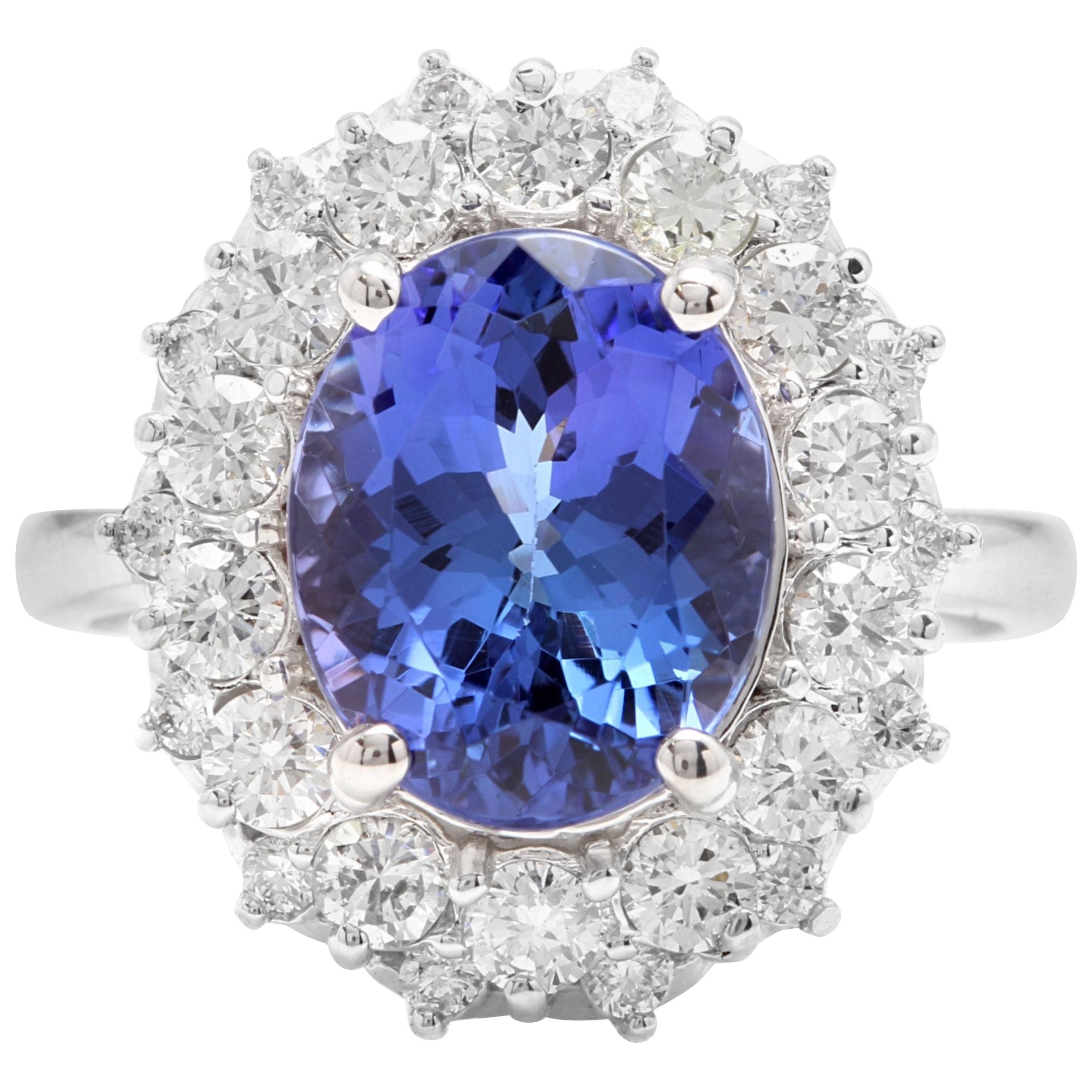 Bague en or blanc massif 14 carats avec tanzanite naturelle de 5,70 carats et diamants