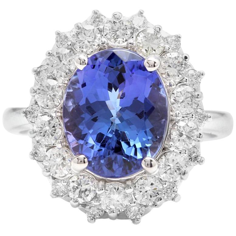 5.70 Carat Natural Tanzanite and Diamond 14 Karat Solid White Gold Ring For Sale