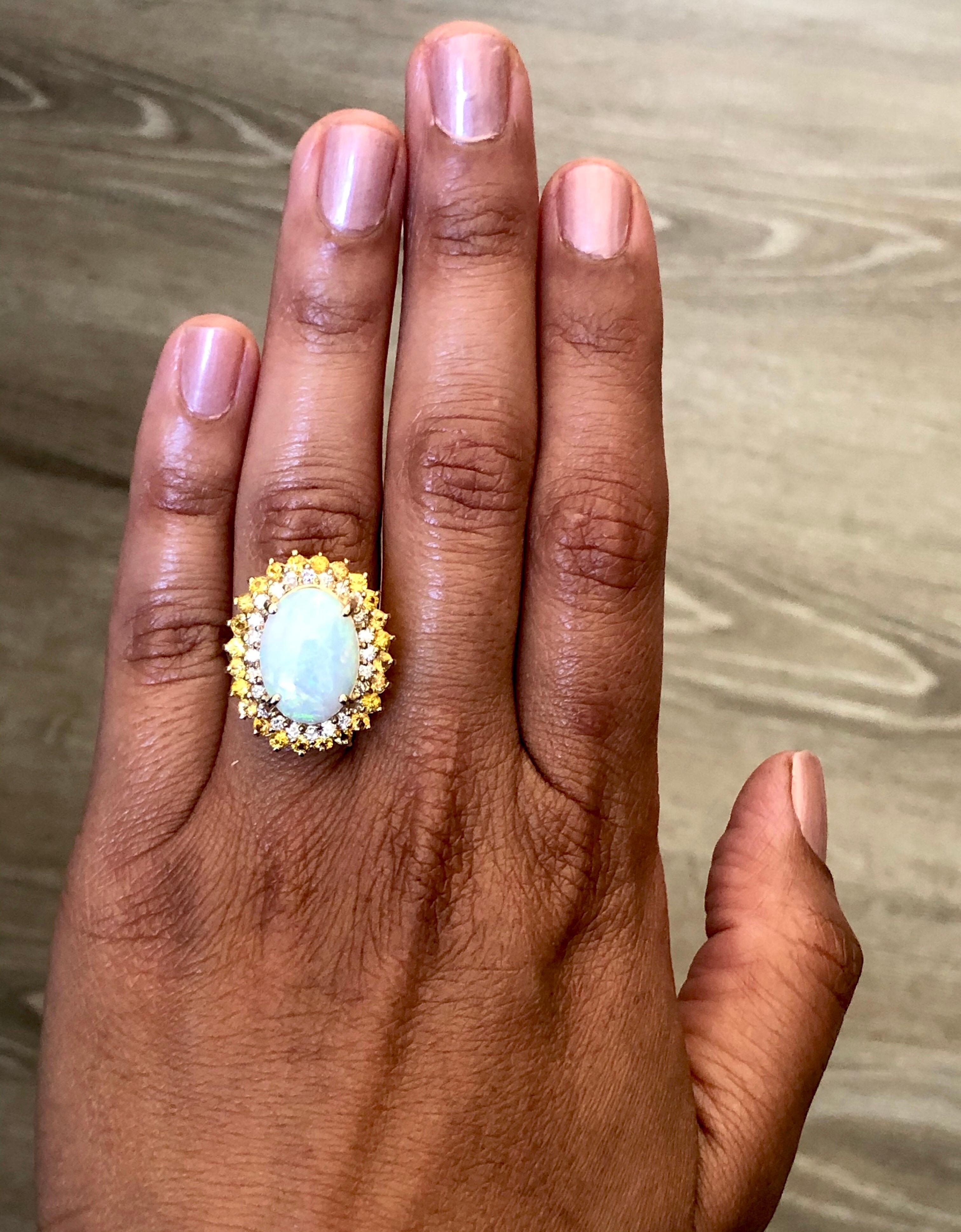 5.70 Carat Opal Yellow Sapphire and Diamond 14 Karat Yellow Gold Cocktail Ring In New Condition For Sale In Los Angeles, CA