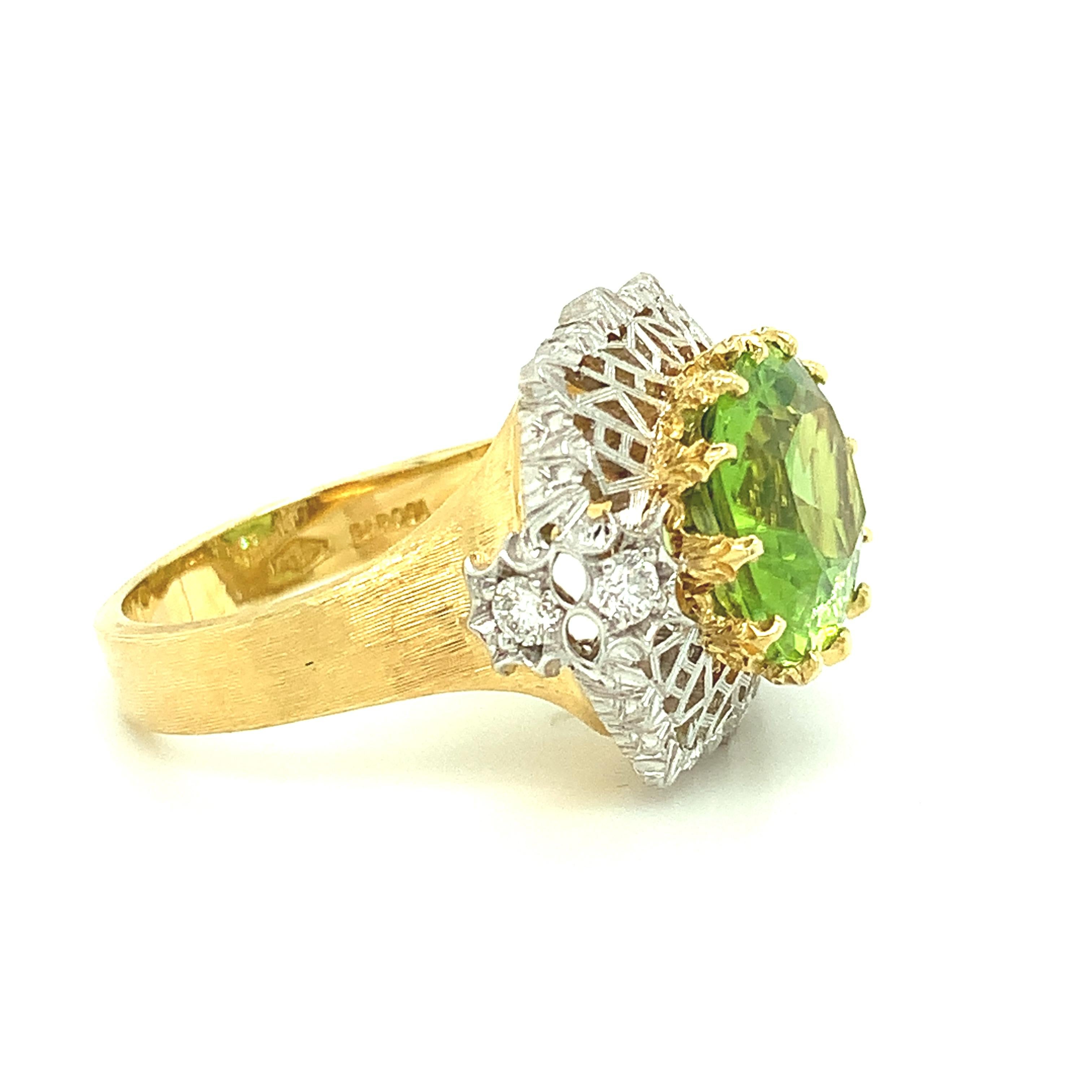 Artisan 5.70 Carat Peridot and Diamond Florentine Inspired Cocktail Ring in White Gold For Sale