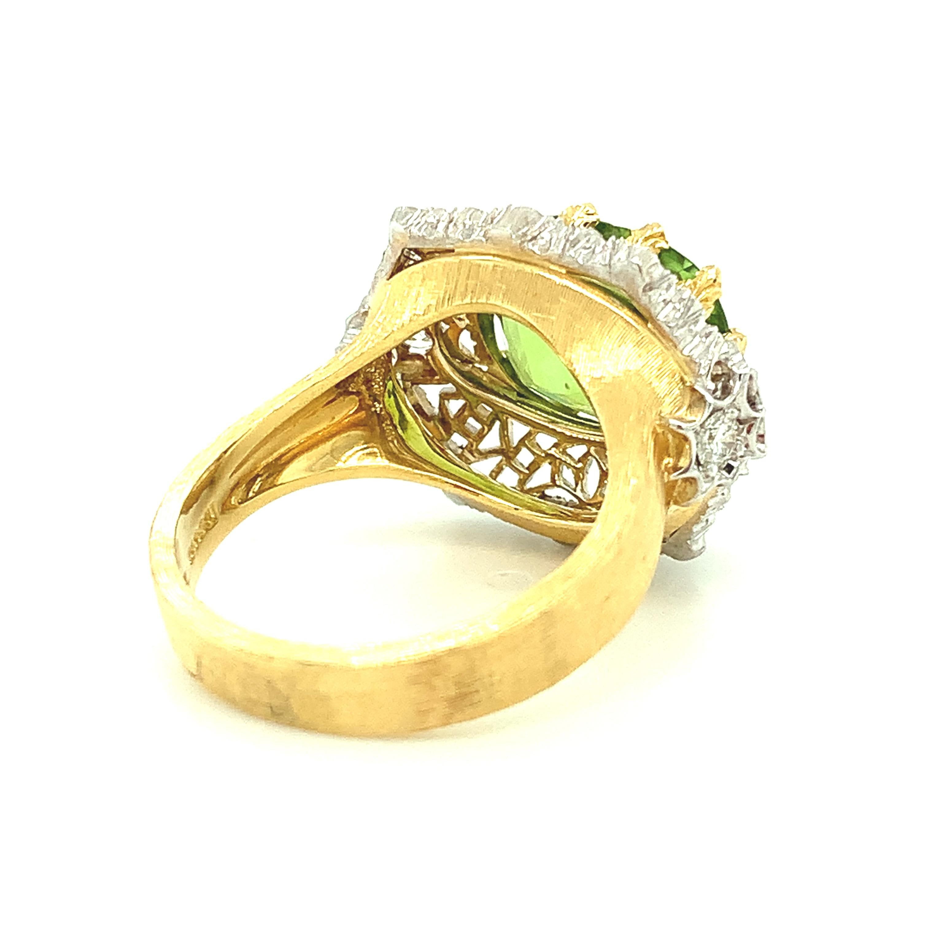 Antique Cushion Cut 5.70 Carat Peridot and Diamond Florentine Inspired Cocktail Ring in White Gold For Sale