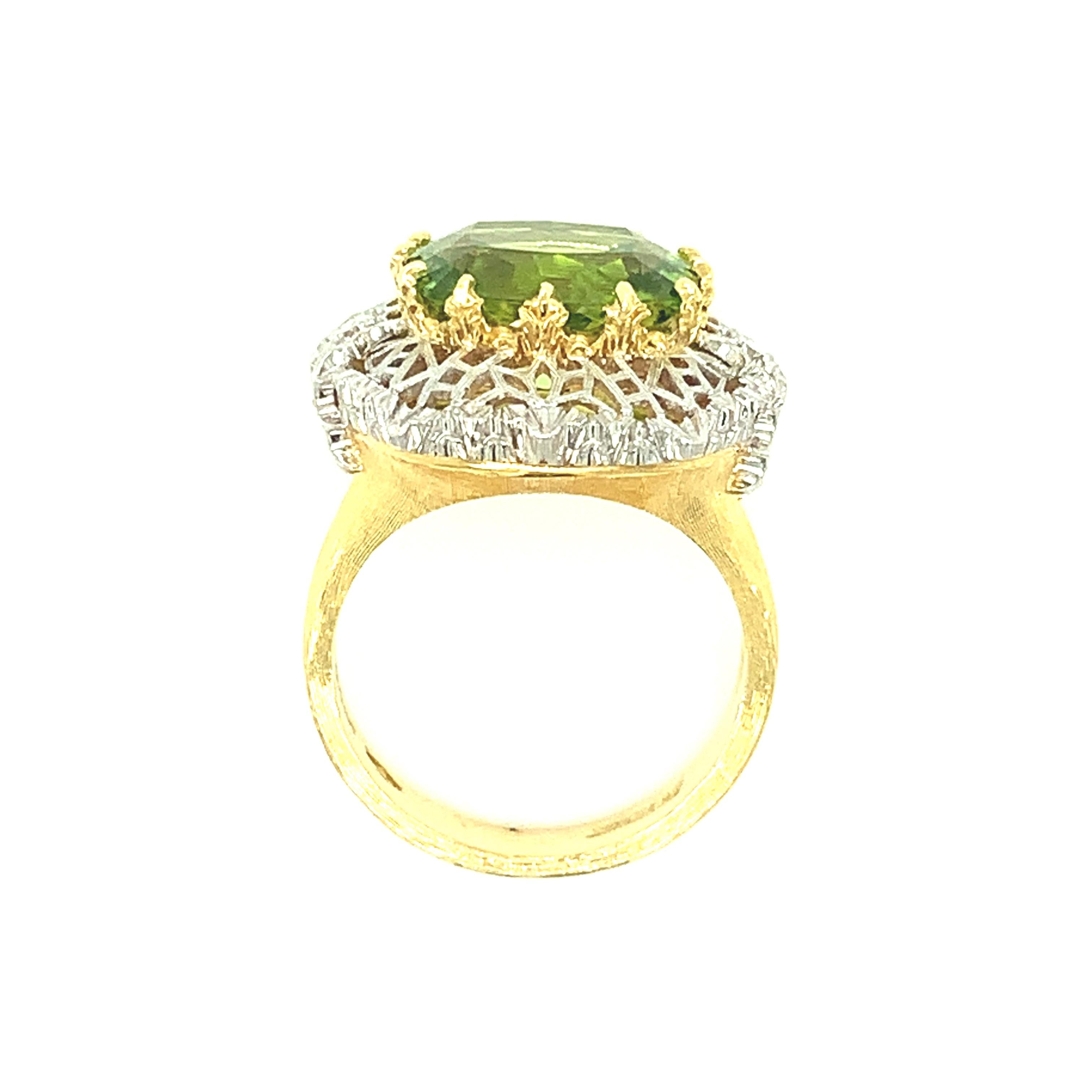 5.70 Carat Peridot and Diamond Florentine Inspired Cocktail Ring in White Gold In New Condition For Sale In Los Angeles, CA