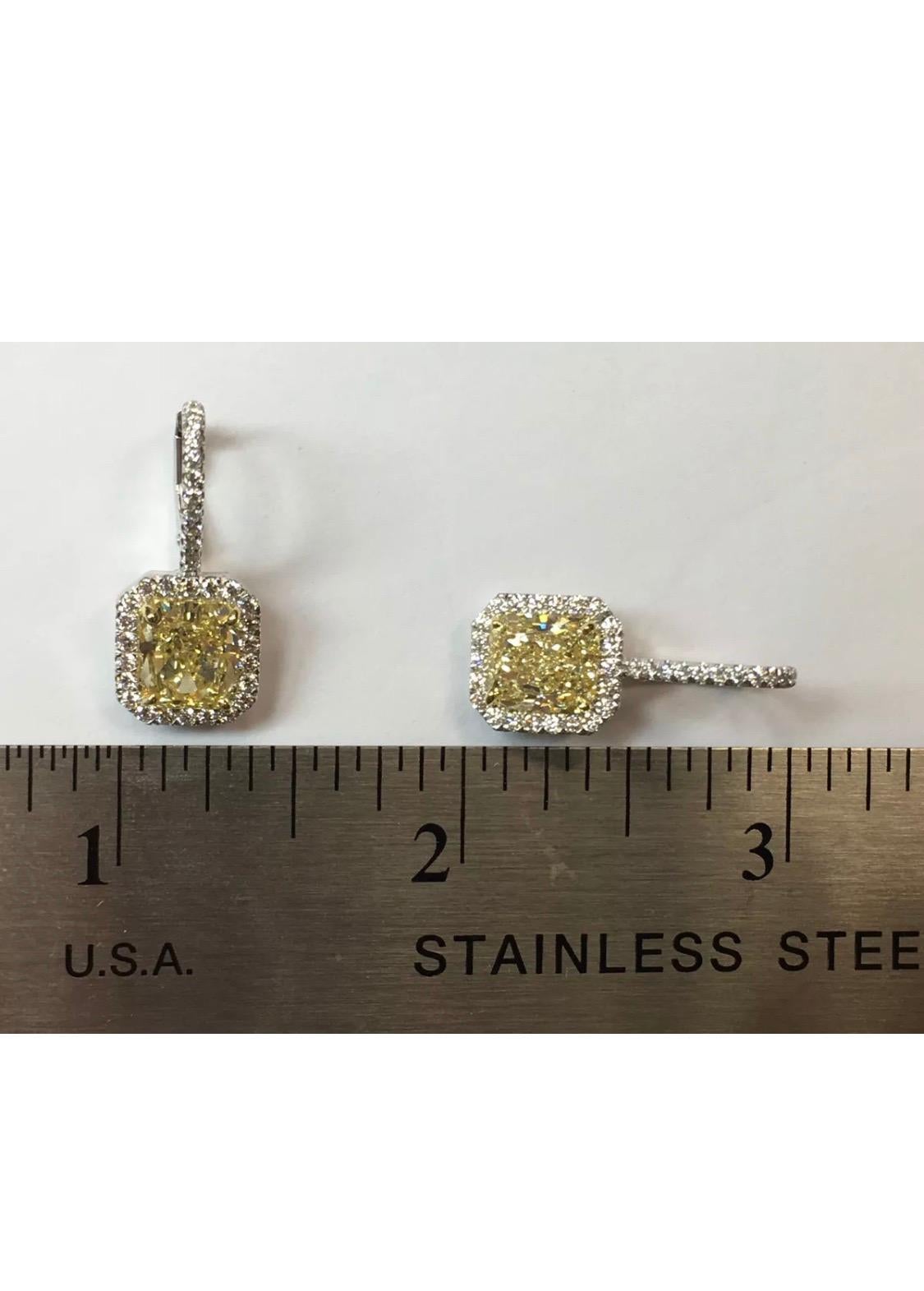 GIA 5.70 Carat Platinum and Gold Radiant Fancy Light Yellow Diamond Earrings VVS 4
