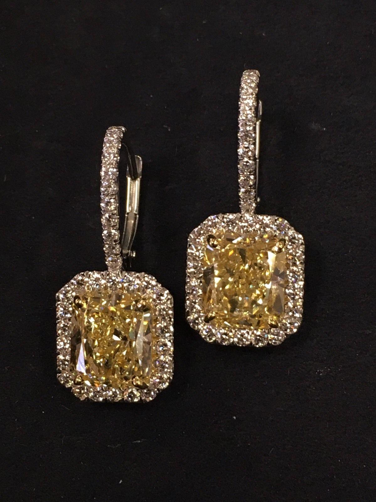 Modern GIA 5.70 Carat Platinum and Gold Radiant Fancy Light Yellow Diamond Earrings VVS