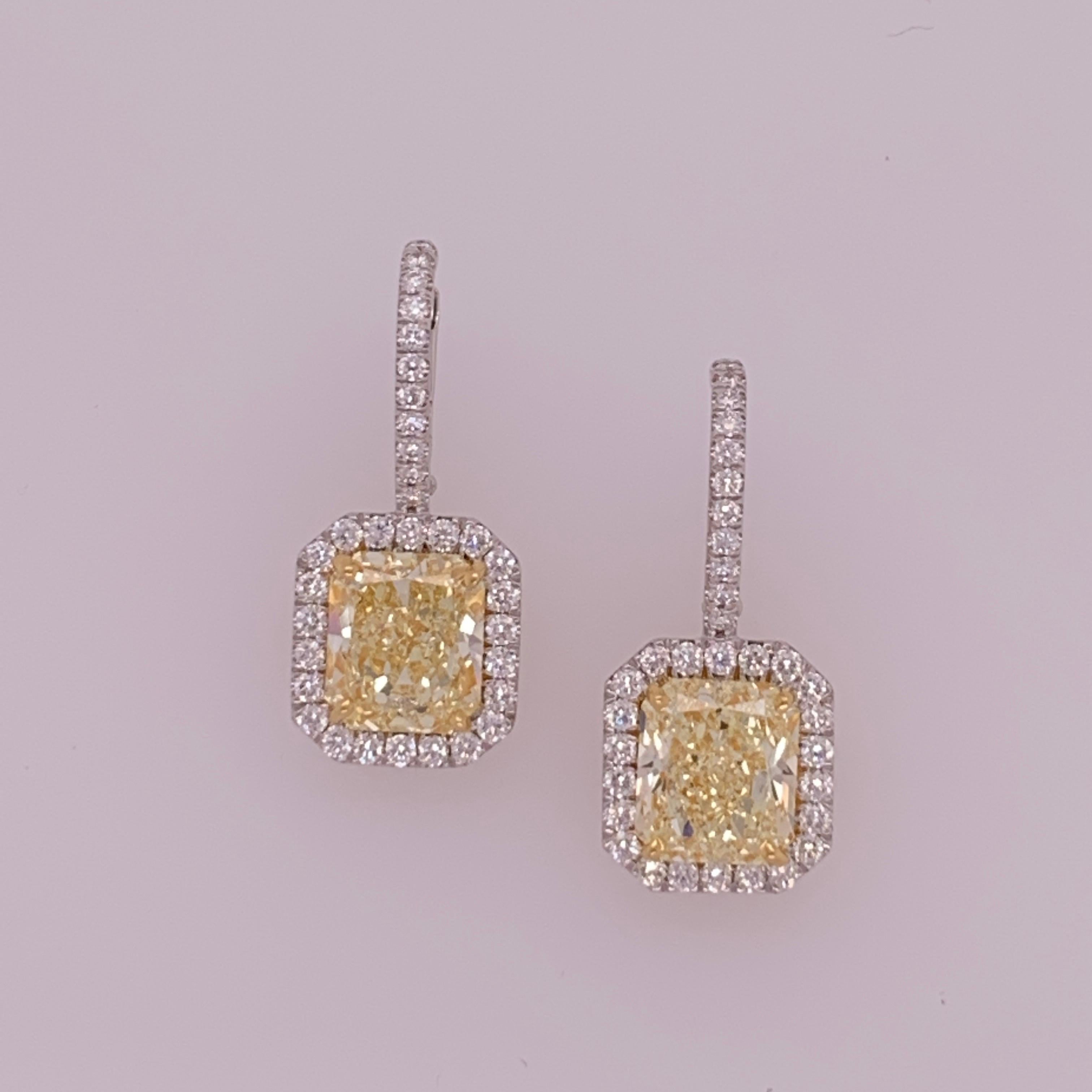 GIA 5.70 Carat Platinum and Gold Radiant Fancy Light Yellow Diamond Earrings VVS In Good Condition In Los Angeles, CA