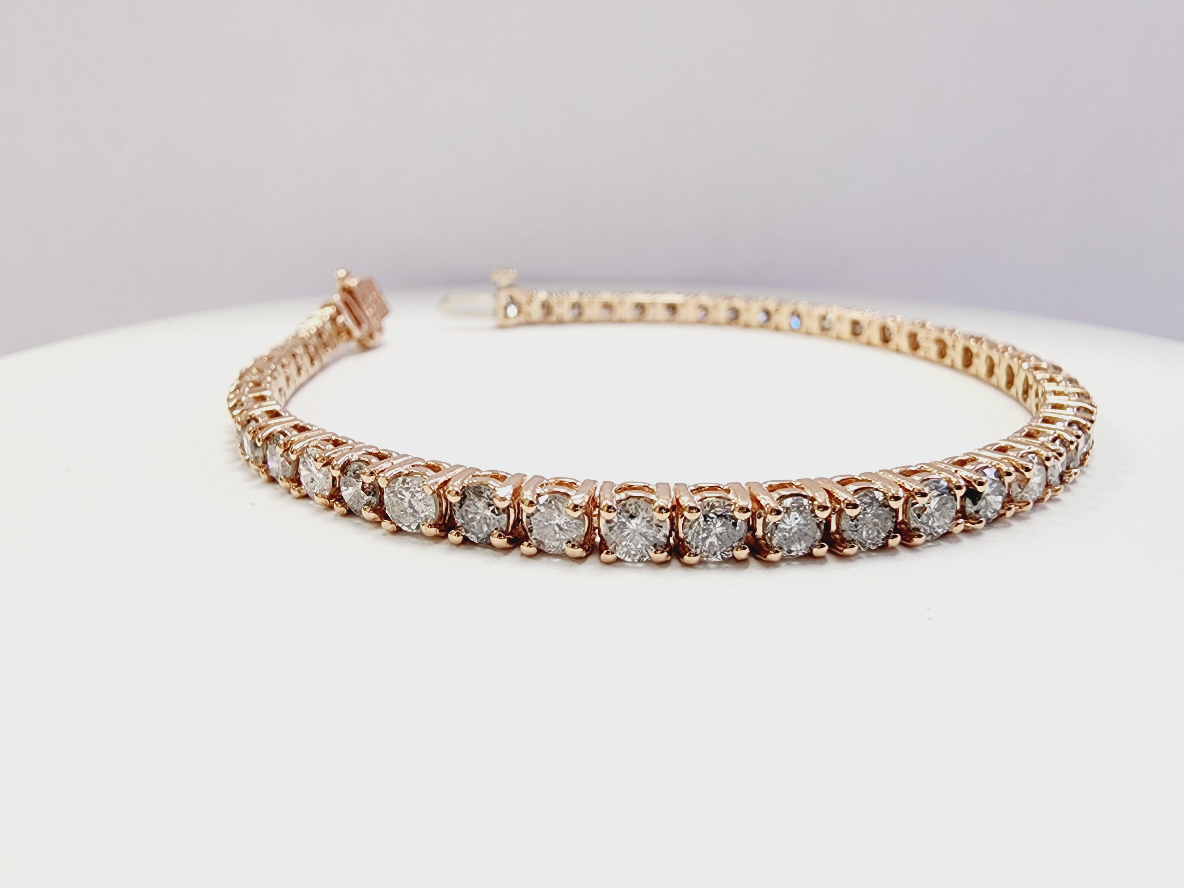 Women's or Men's 5.70 Carat Round Brilliant Natural Diamond Tennis Bracelet 14 Karat Rose Gold For Sale