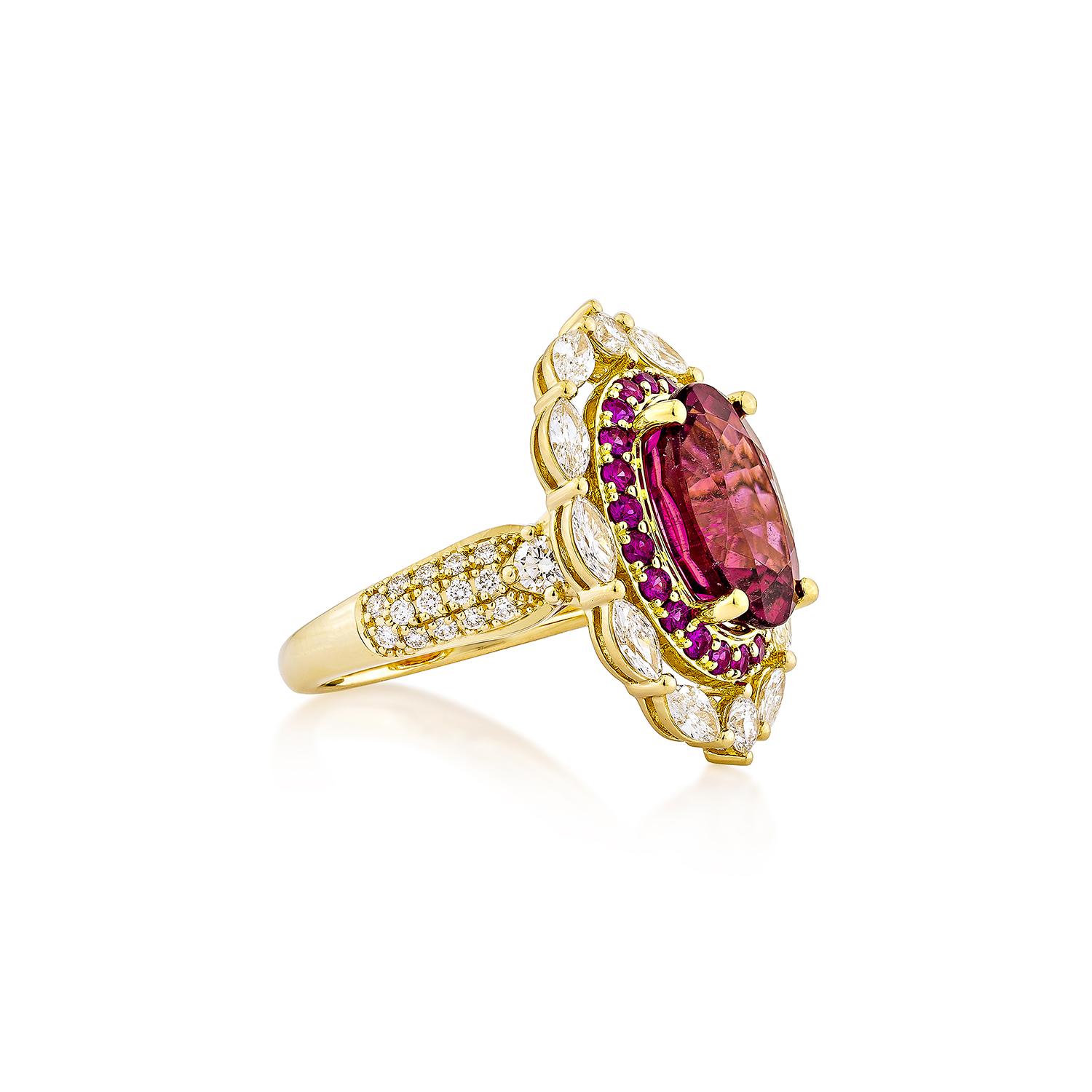 Sunita Nahata showcases an exquisite diamond studded Rubellite ring that exudes grace and elegance. This exquisite 18Karat yellow gold ring is ideal for any special occasion because it combines traditional elegance with modern flair.

Rubellite