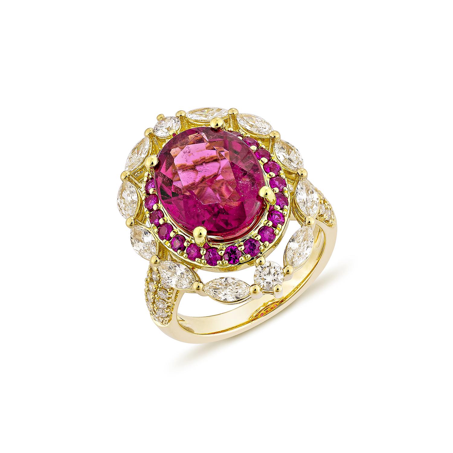 Contemporary Sunita Nahata 5.70 Carat Rubellite Cocktail Ring in 18KYG with Ruby and Diamond.