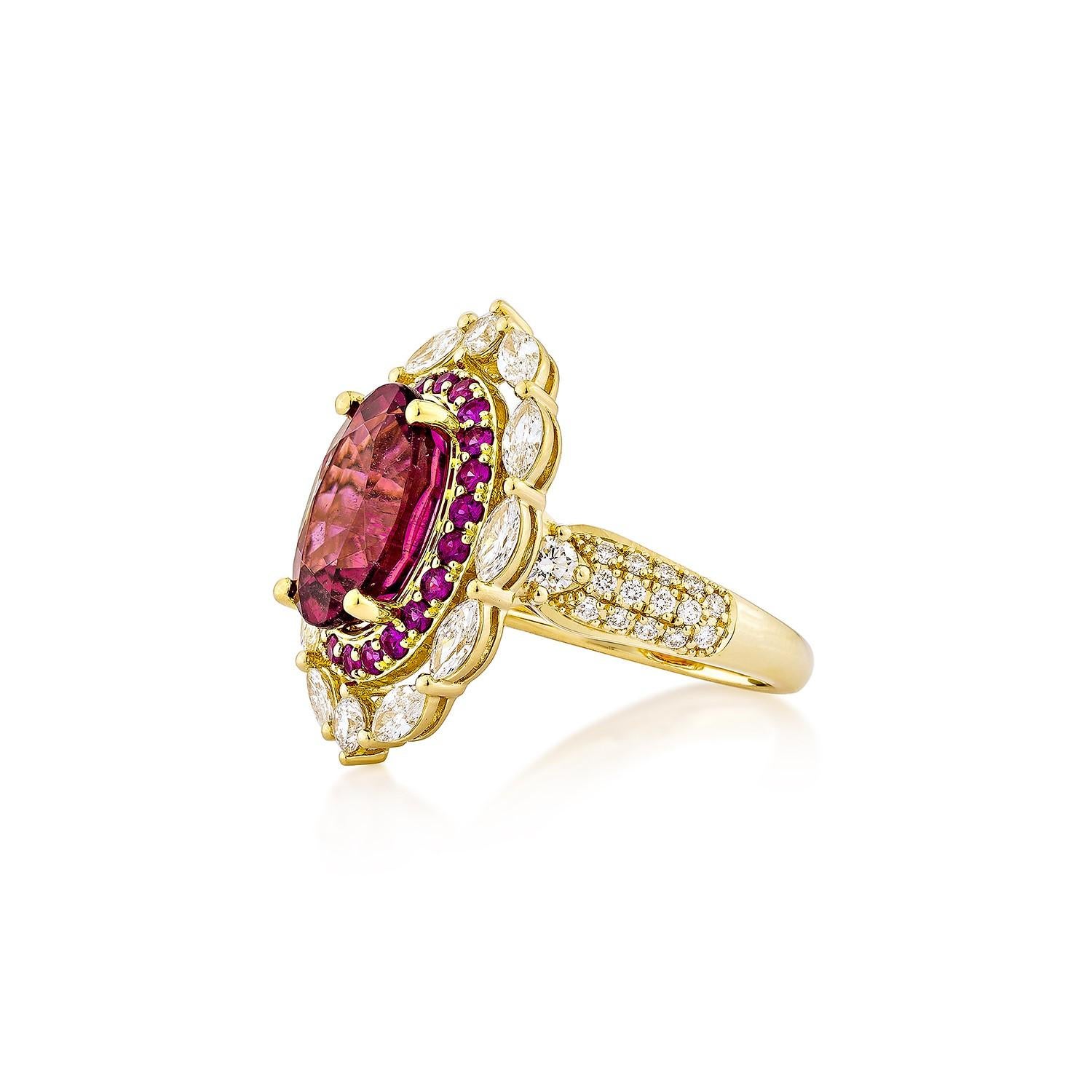Oval Cut 5.70 Carat Rubellite Cocktail Ring in 18Karat Yellow Gold with Ruby and Diamond. For Sale