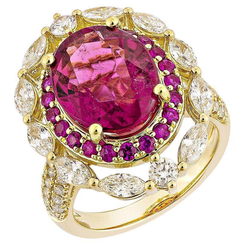 5.70 Carat Rubellite Cocktail Ring in 18Karat Yellow Gold with Ruby and Diamond. For Sale