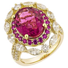 5.70 Carat Rubellite Cocktail Ring in 18Karat Yellow Gold with Ruby and Diamond.