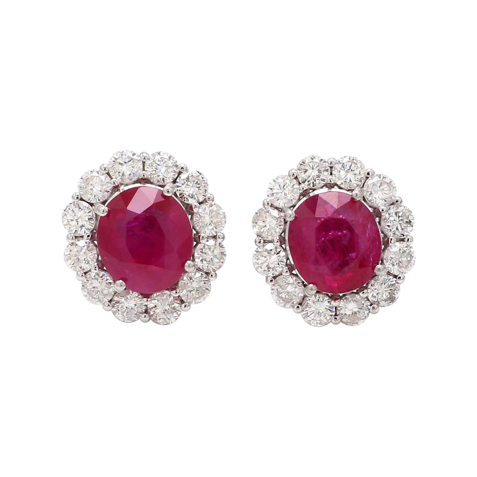 5.70 Carat Ruby Diamond 18 Karat Gold Oval Stud Earrings For Sale
