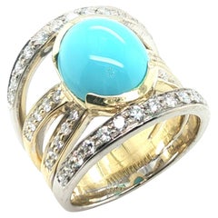 5.70 Carat Sleeping Beauty Turquoise Cabochon and Diamond Cocktail Ring 18k Gold