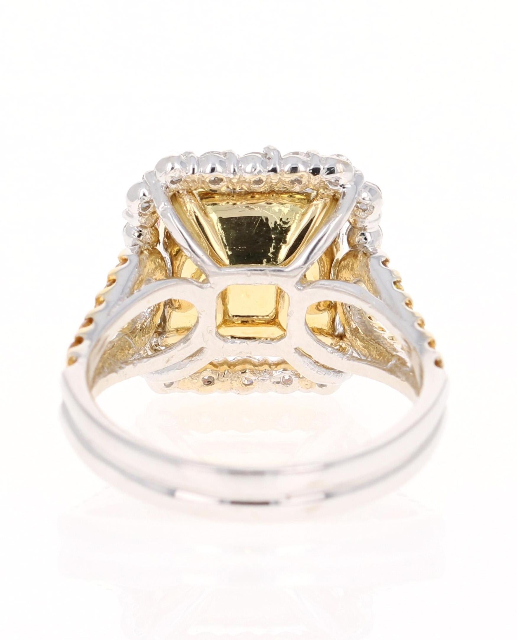 Cushion Cut 5.70 Carat Tourmaline Yellow Diamond 18 Karat White Gold Engagement Ring