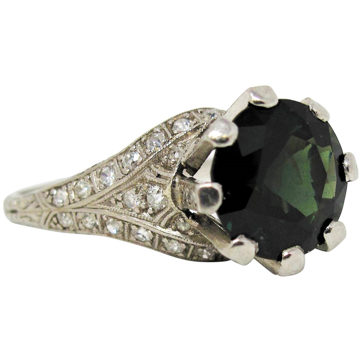 5.70 Carat Green Sapphire and Pave Diamond Platinum Vintage Solitaire Ring