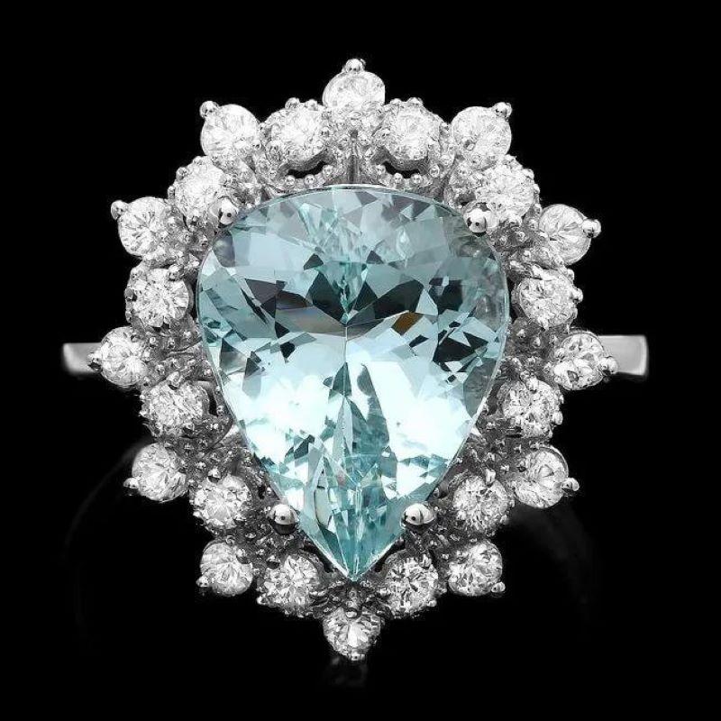 14K Ring aus massivem Weißgold mit 5,70 Karat natürlichem Aquamarin und Diamant (Gemischter Schliff) im Angebot