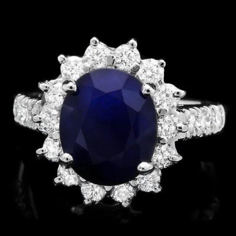 Mixed Cut 5.70 Carats Natural Blue Sapphire and Diamond 14K Solid White Gold Ring For Sale