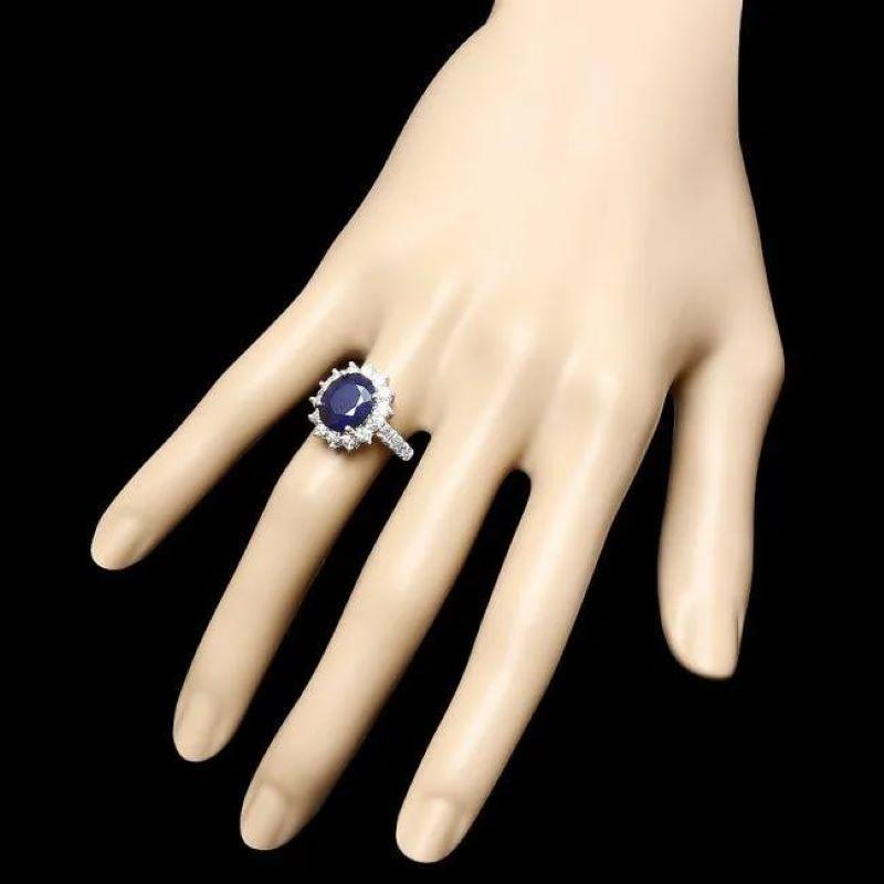 5.70 Carats Natural Blue Sapphire and Diamond 14K Solid White Gold Ring In New Condition For Sale In Los Angeles, CA