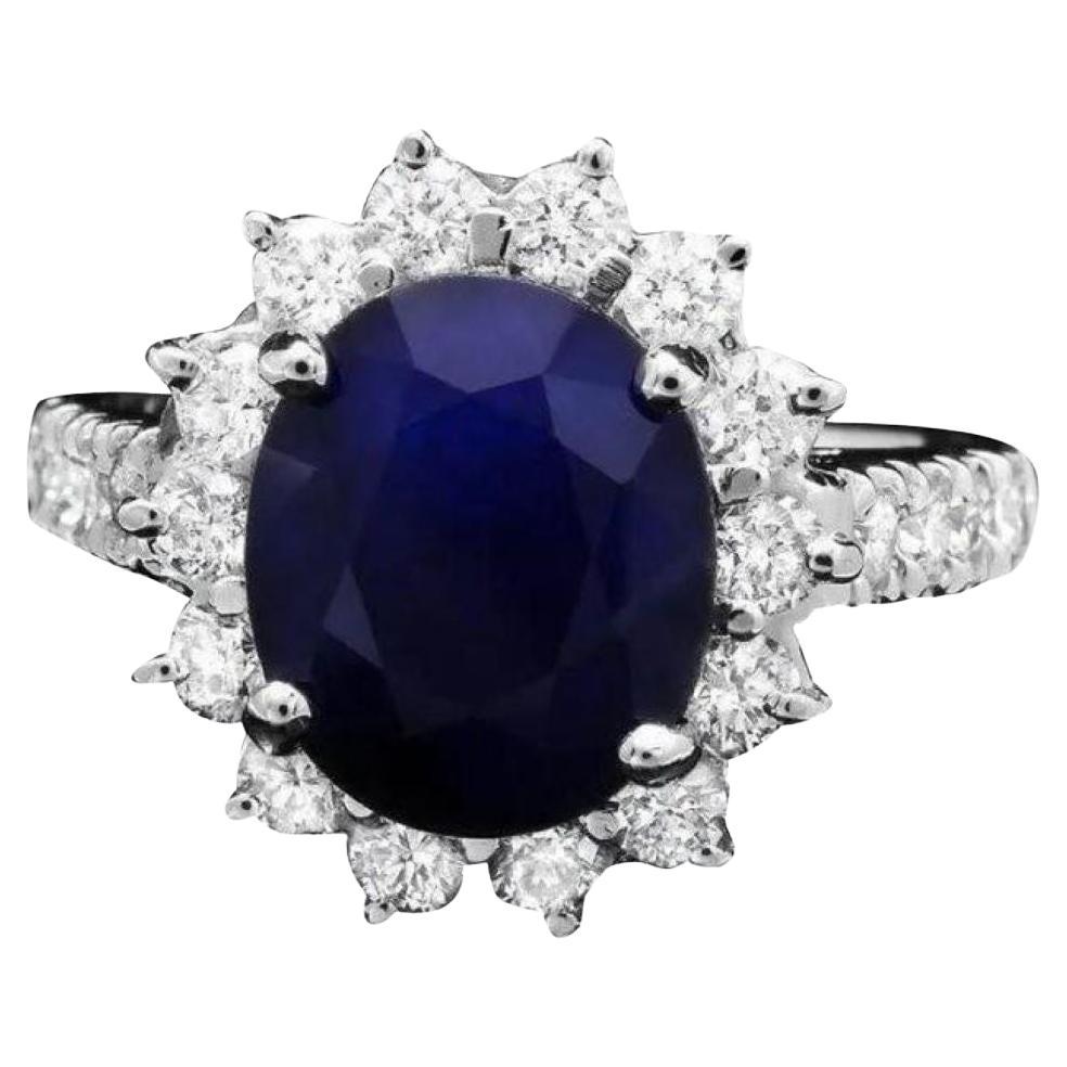5.70 Carats Natural Blue Sapphire and Diamond 14K Solid White Gold Ring For Sale