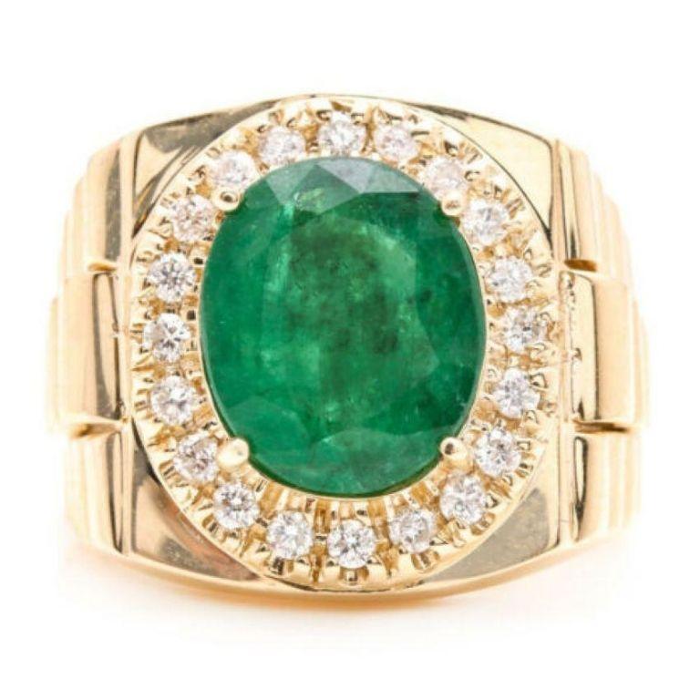 Anello da uomo in oro giallo massiccio da 5,70 carati con smeraldo naturale e diamante da 14 carati In condizioni Nuovo in vendita a Los Angeles, CA