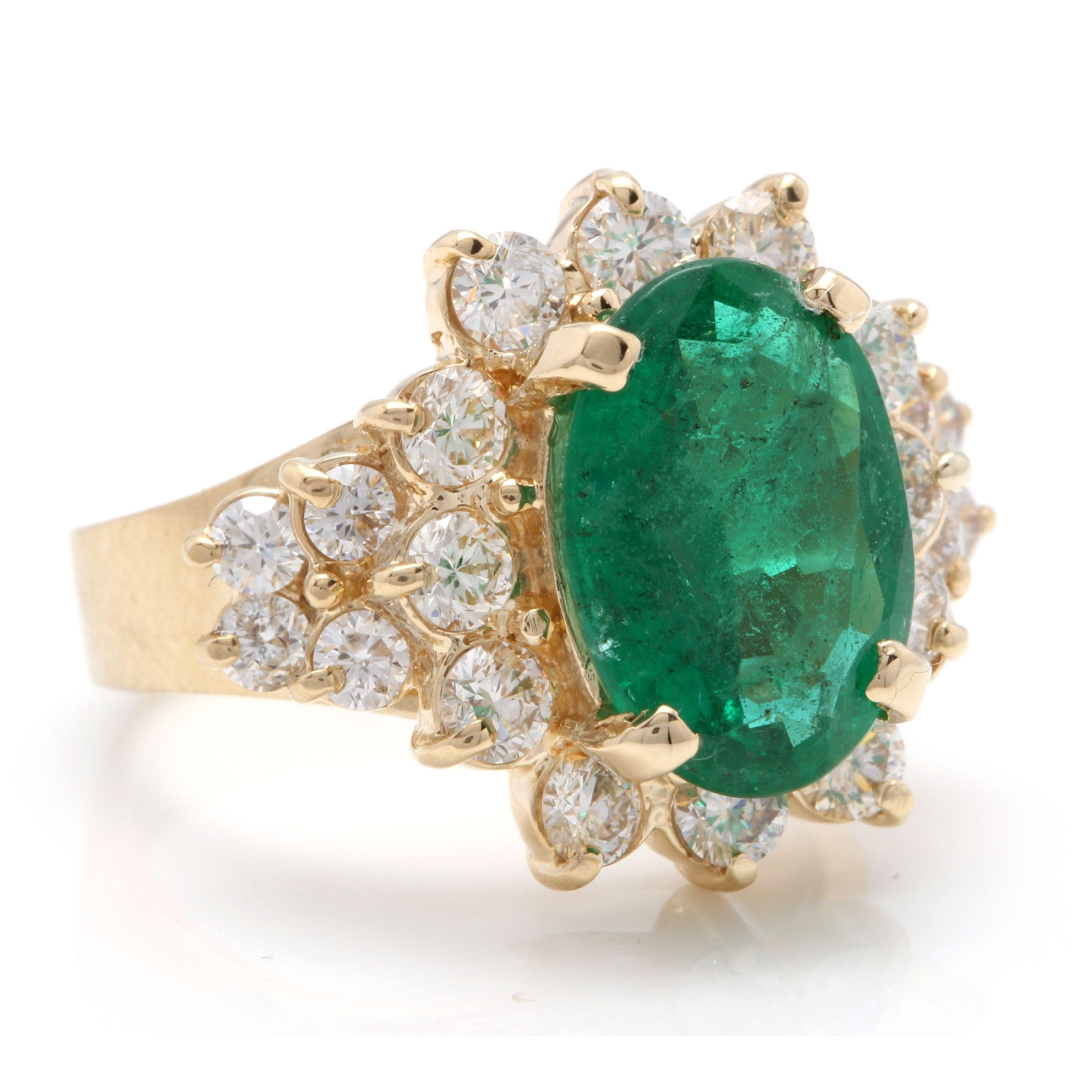 5.70 Carats Natural Emerald and Diamond 14K Solid Yellow Gold Ring

Total Natural Green Emerald Weight is: 4.00 Carats

Emerald Measures: 11.00 x 9.00mm

Natural Round Diamonds Weight: 1.70 Carats (color G-H / Clarity SI1-SI2)

Ring size: 7 (we