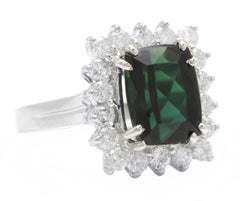 Bague en or blanc massif 14 carats avec tourmaline verte naturelle de 5,70 carats et diamants
