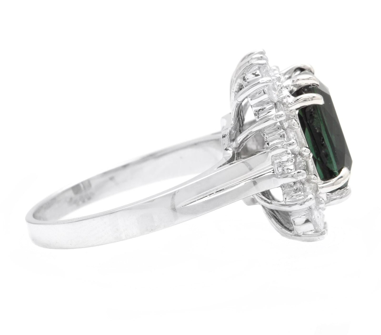 Mixed Cut 5.70 Carats Natural Green Tourmaline and Diamond 14K Solid White Gold Ring For Sale