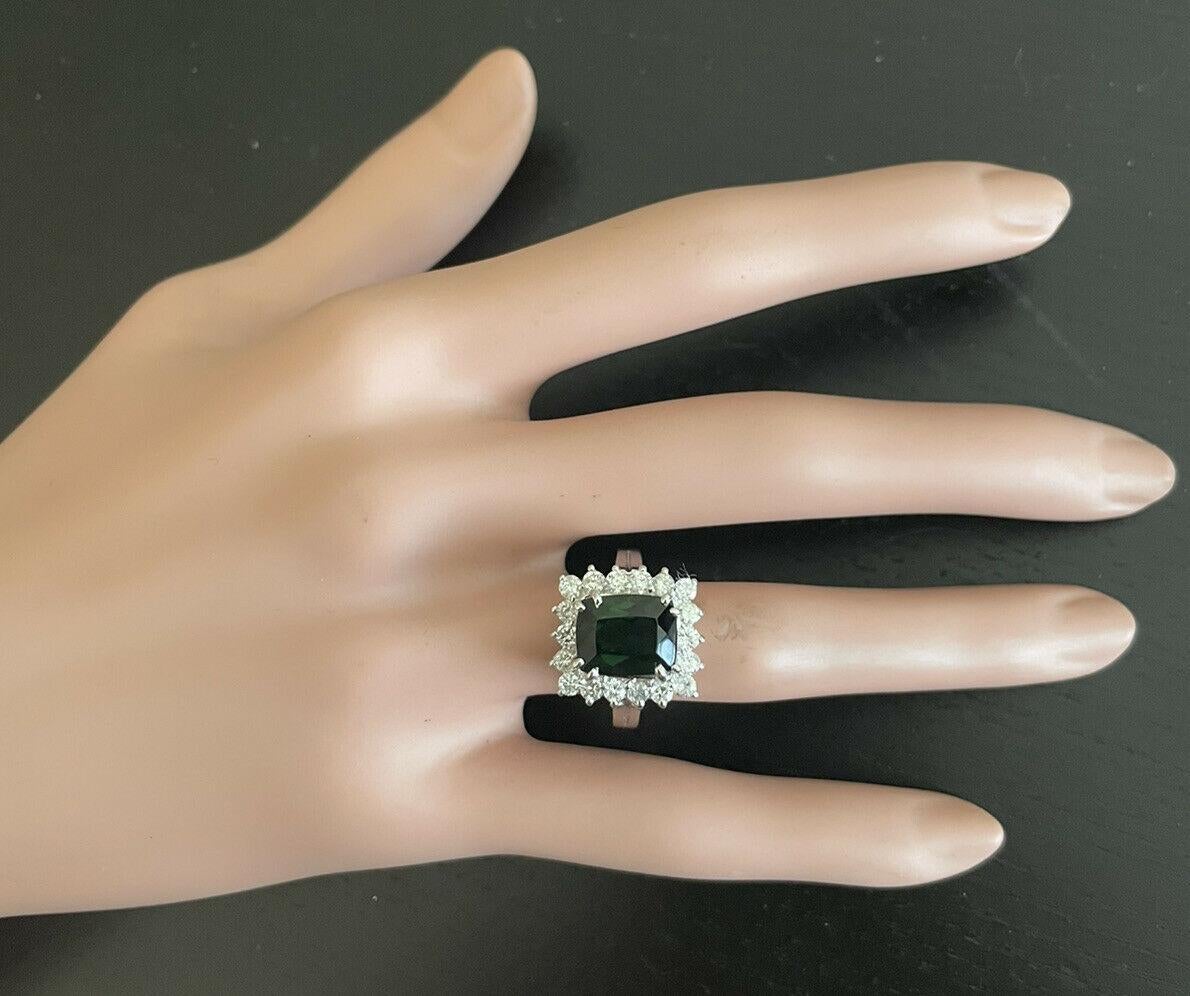 5.70 Carats Natural Green Tourmaline and Diamond 14K Solid White Gold Ring For Sale 1