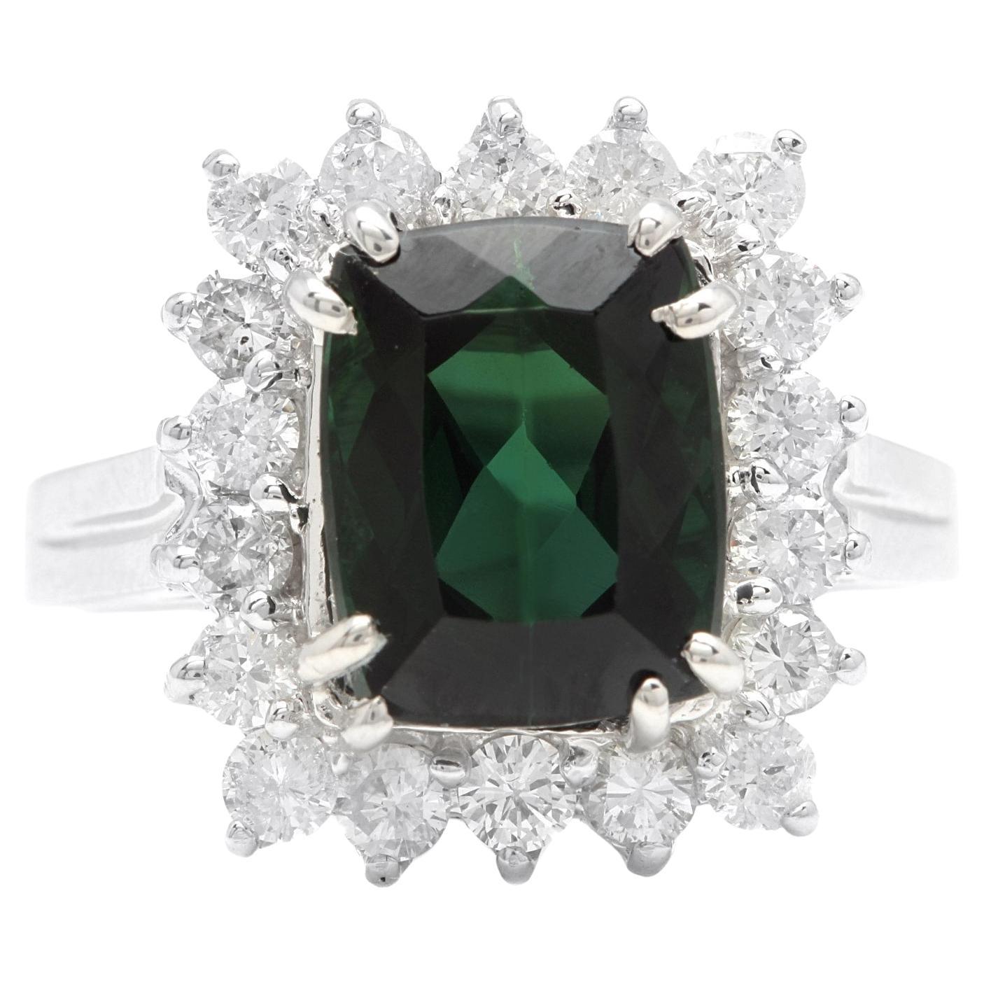 5.70 Carats Natural Green Tourmaline and Diamond 14K Solid White Gold Ring