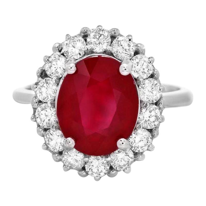 5.70 Carats Natural Red Ruby and Diamond 14k Solid White Gold Ring For Sale