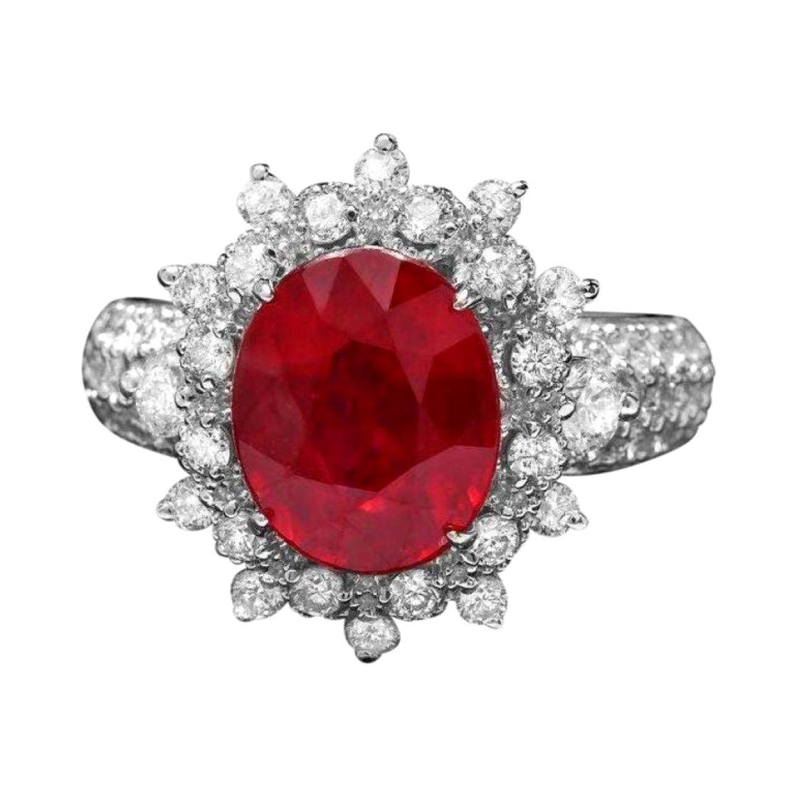 5.70 Carats Natural Red Ruby and Diamond 14k Solid White Gold Ring