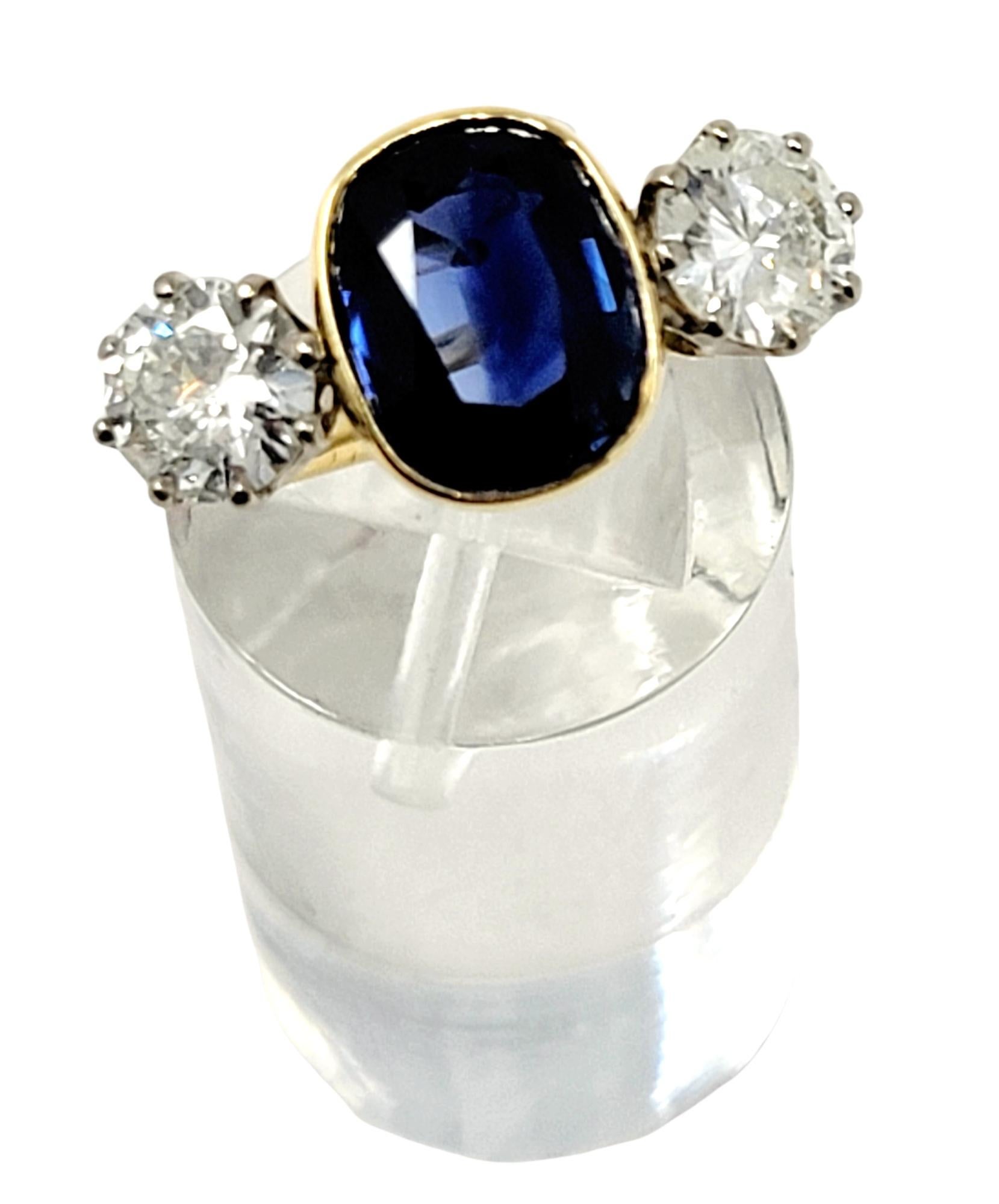 5.70 Carats Total Cushion Cut Natural Blue Sapphire and Diamond Three Stone Ring For Sale 4