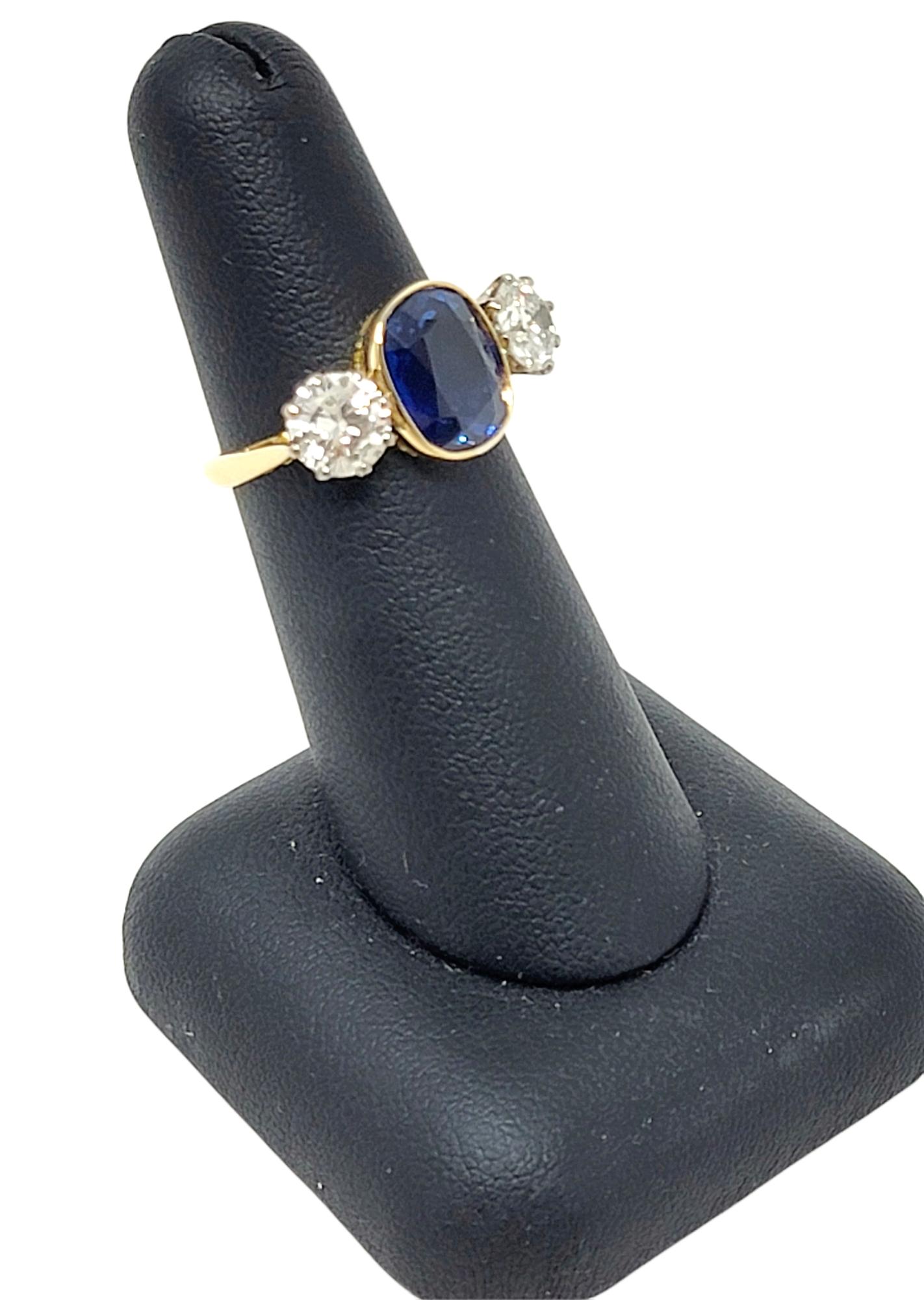5.70 Carats Total Cushion Cut Natural Blue Sapphire and Diamond Three Stone Ring For Sale 5