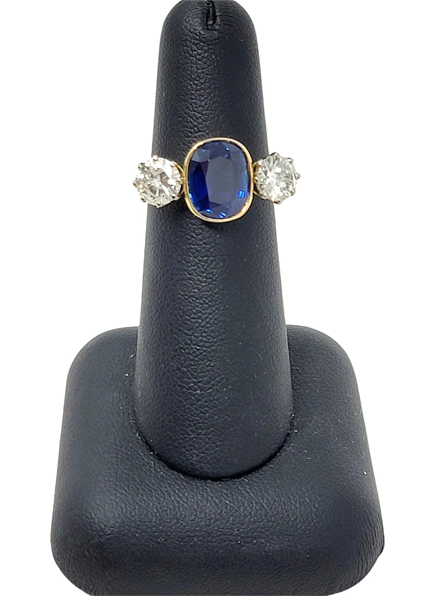 5.70 Carats Total Cushion Cut Natural Blue Sapphire and Diamond Three Stone Ring For Sale 6