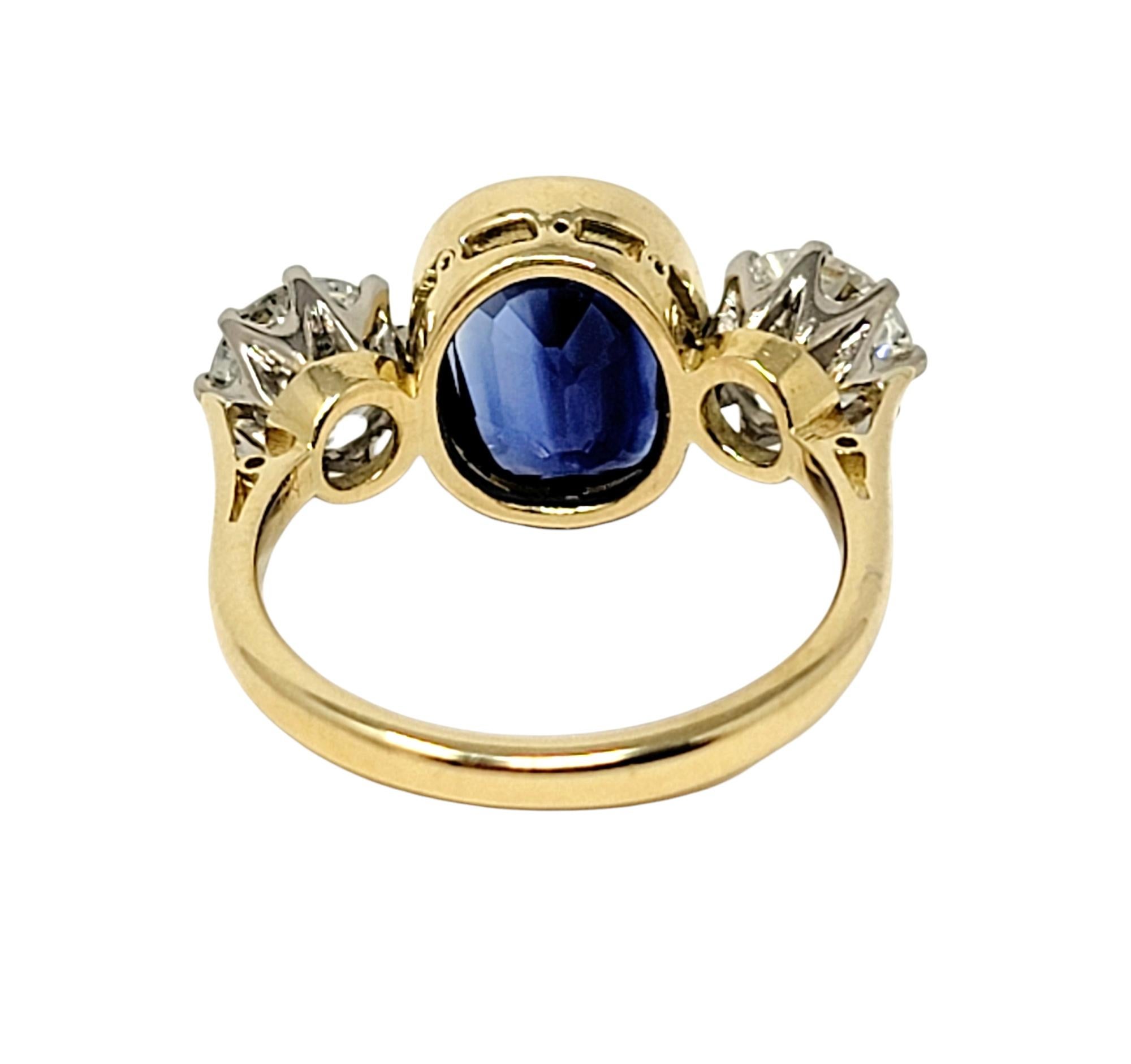 5.70 Carats Total Cushion Cut Natural Blue Sapphire and Diamond Three Stone Ring For Sale 1