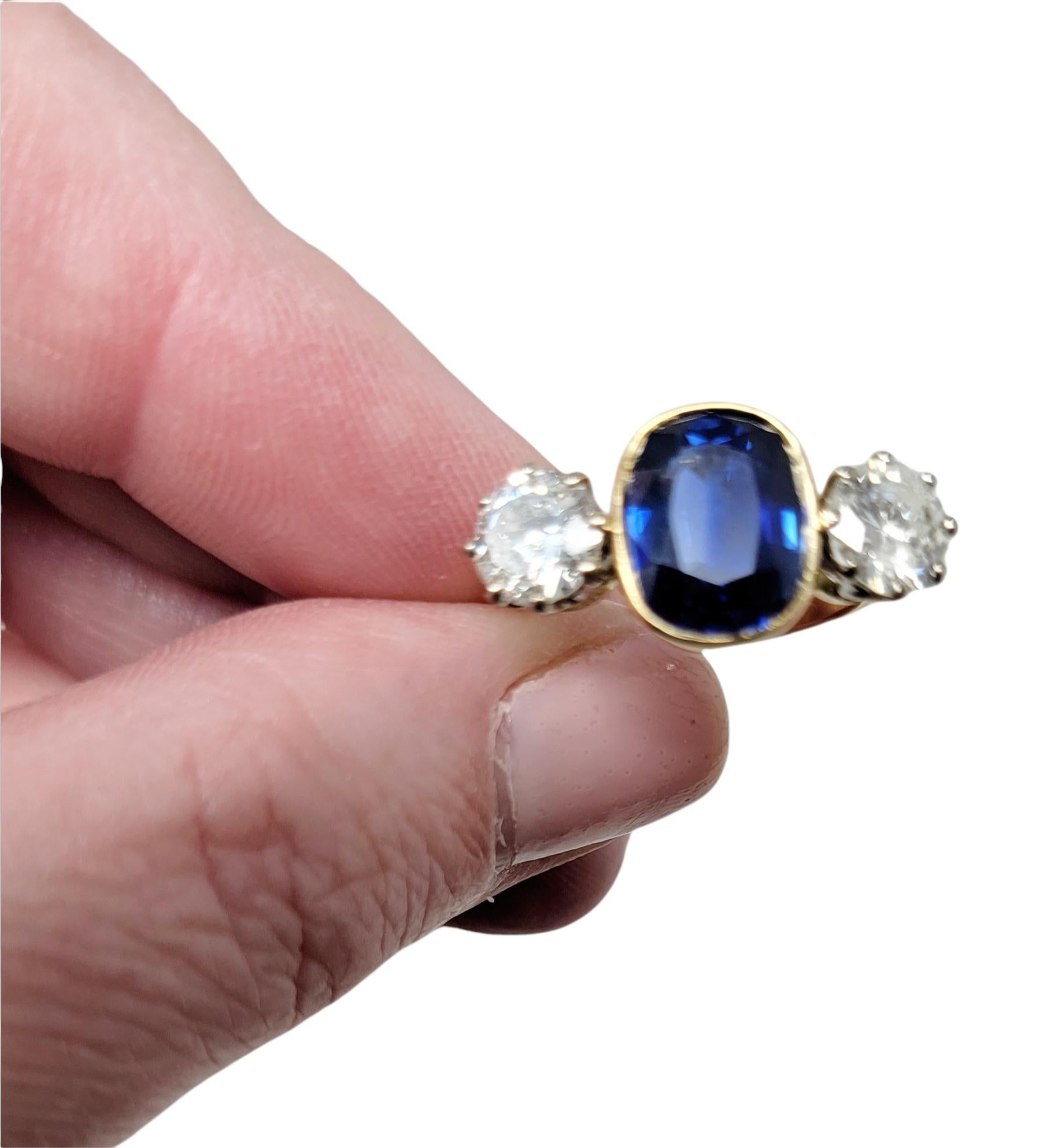 5.70 Carats Total Cushion Cut Natural Blue Sapphire and Diamond Three Stone Ring For Sale 3