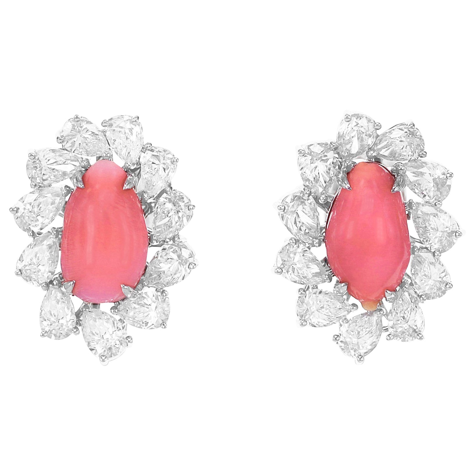 5.70 Conch Pearl Floral Studs 3.17 Carats White Diamond 18K White Gold Earring