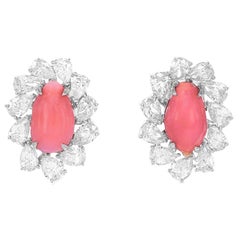 5.70 Conch Pearl Floral Studs 3.17 Carats White Diamond 18K White Gold Earring