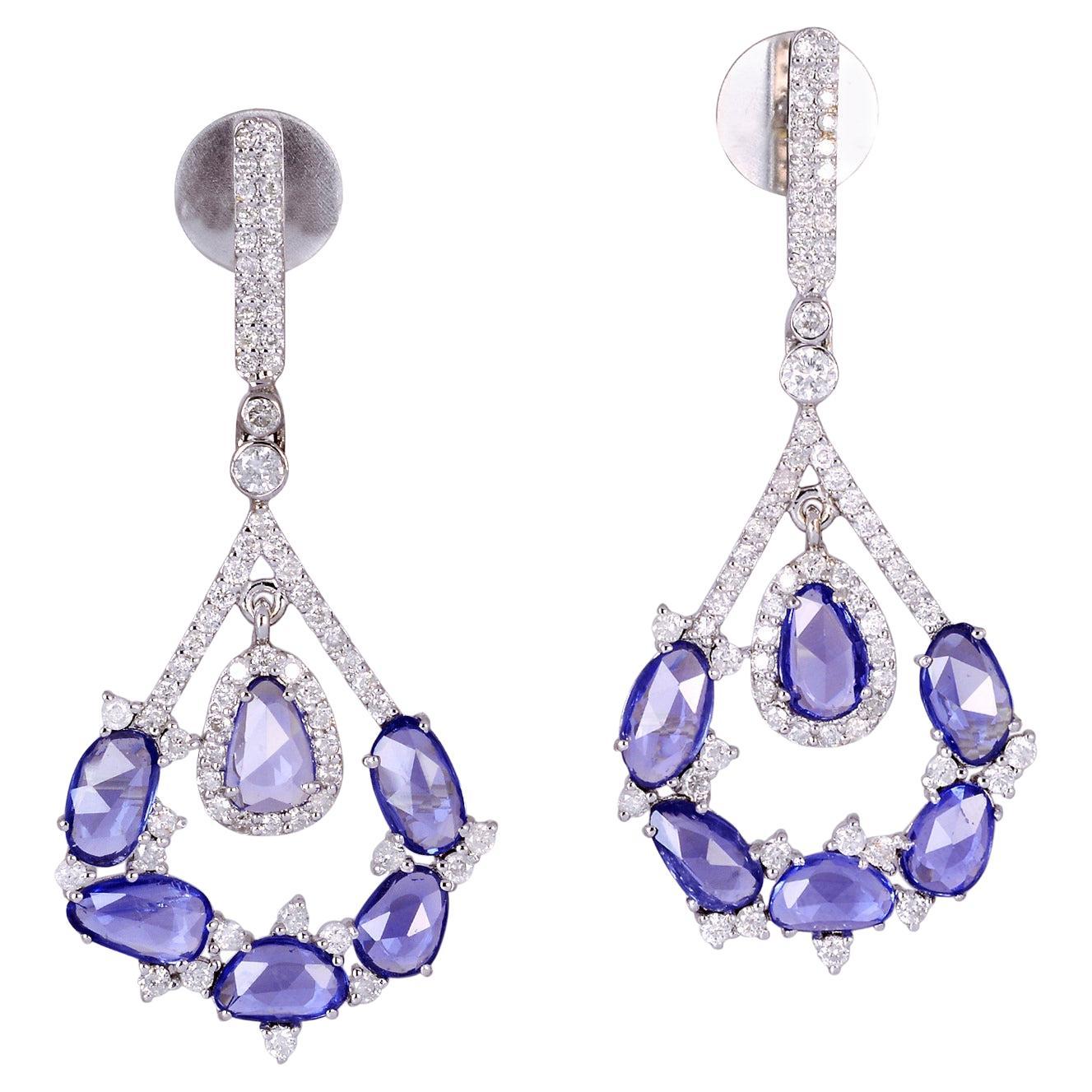5.70 ct Oval Shaped Blue Sapphire Dangle Earrings With Diamonds In 18k Gold For Sale
