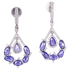 5.70 ct Oval Shaped Blue Sapphire Dangle Earrings With Diamonds In 18k Gold