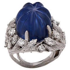 57.04 Carat Carved Sapphire Heat Cabochon Ring with 4.0 Carats of Diamonds