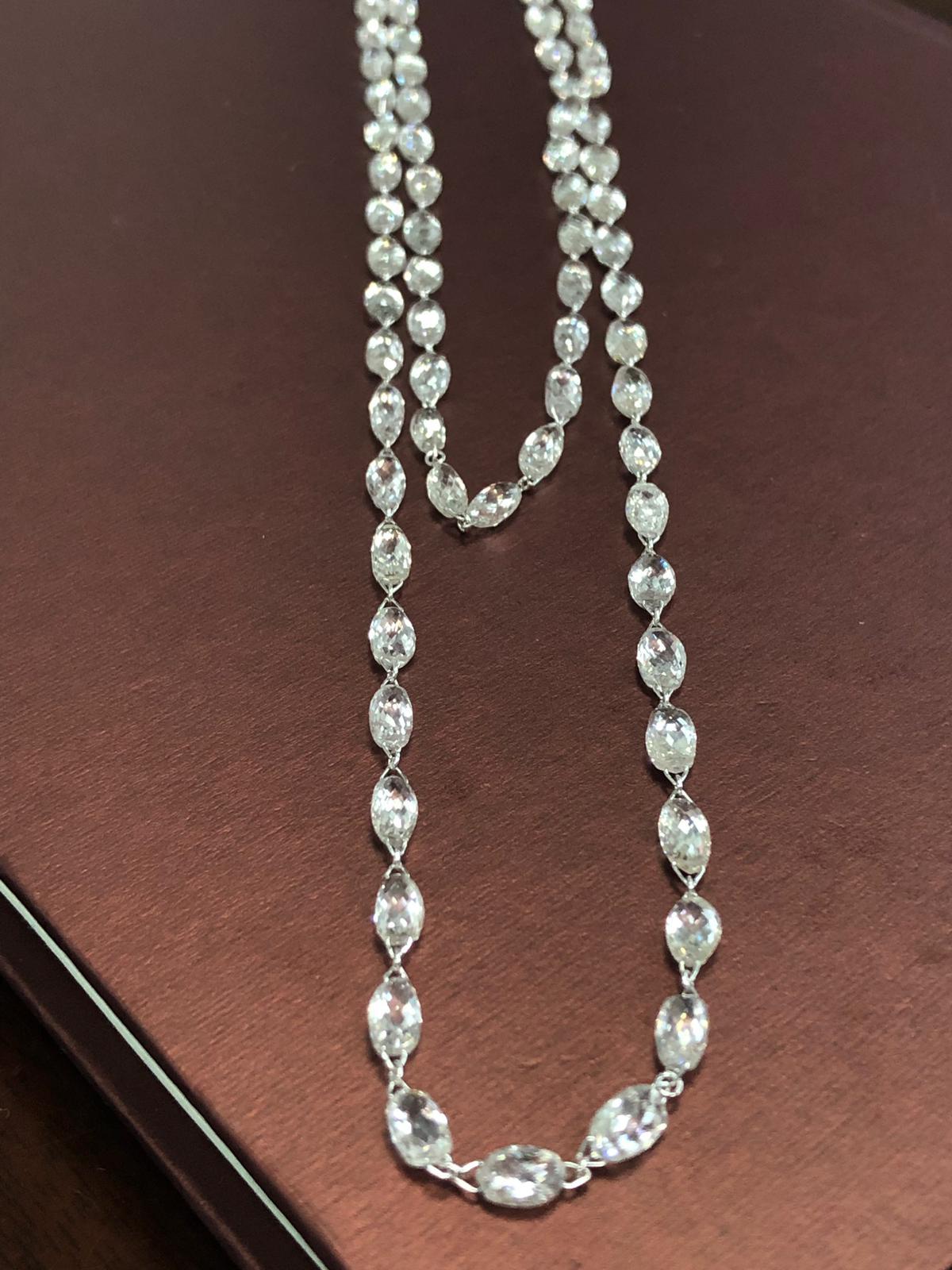 Briolette Cut PANIM 57.08 Carat Briolette Diamond Link Necklace in 18Karat White Gold For Sale