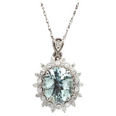 5.70Ct Natural Aquamarine and Diamond 14K Solid White Gold Necklace