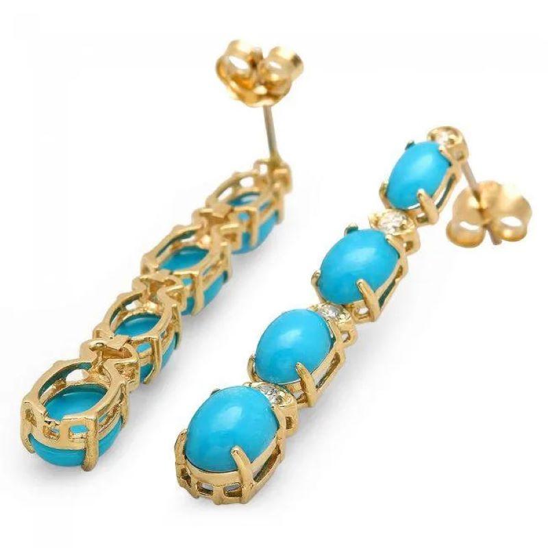 5.70Ct Natural Turquoise and Diamond 14K Solid Yellow Gold Earrings

Total Natural Oval Turquoises Weight: Approx. 5.40 Carats

Turquoise Measure: Approx. 6 x 4-8 x 6mm

Total Natural Round Cut White Diamonds Weight: Approx. 0.30 Carats (color G-H /