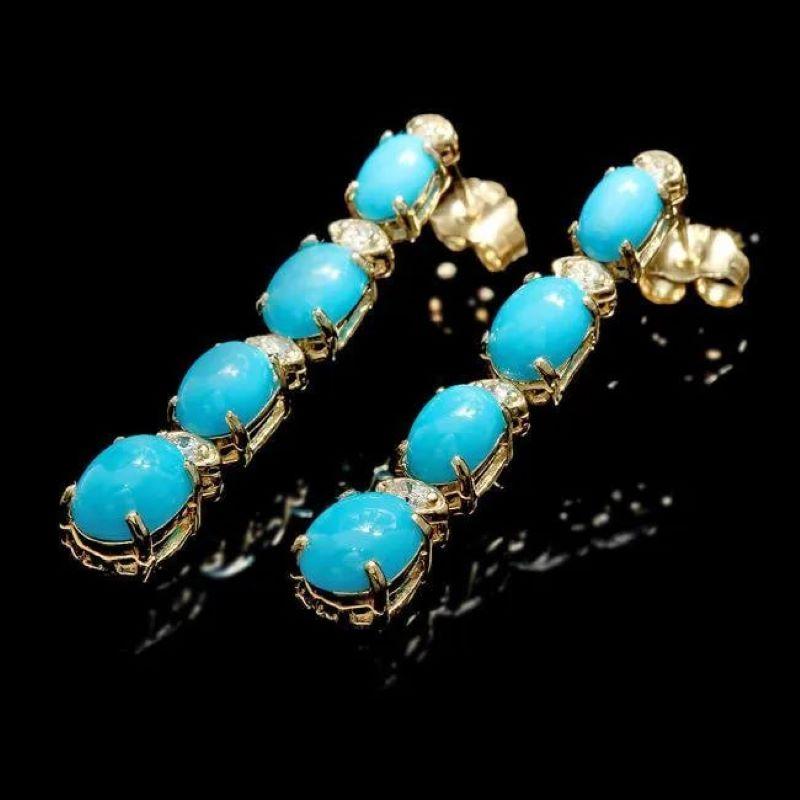 Mixed Cut 5.70Ct Natural Turquoise and Diamond 14K Solid Yellow Gold Earrings For Sale