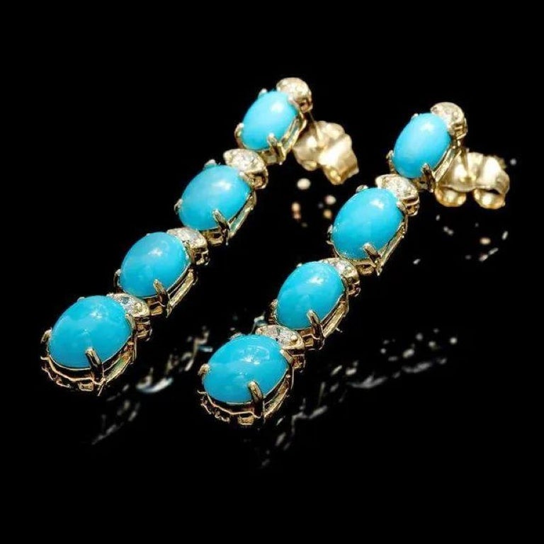 Mixed Cut 5.70Ct Natural Turquoise and Diamond 14K Solid Yellow Gold Earrings For Sale